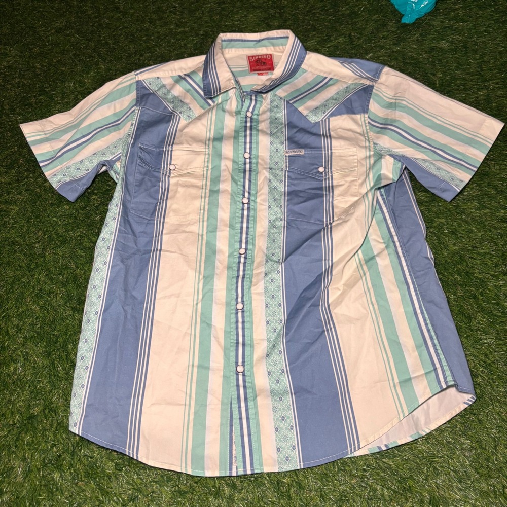Sendero Provisions Co Mens Large Western Pearl Snap Shirt Blue Teal Stripe SS